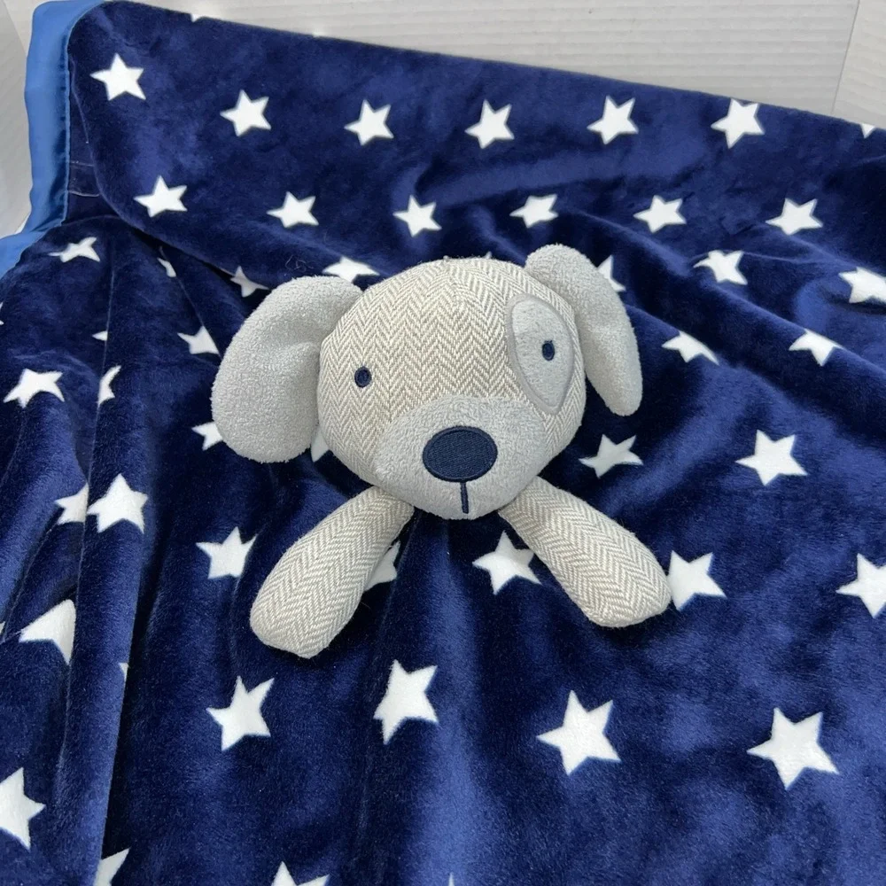 Cloud Island Puppy Dog Baby Large Blanket Lovey Navy Blue White Stars 28